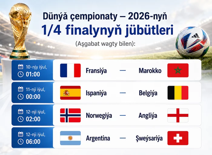 Dünýä çempionaty – 2026-nyň 1/4 finalynyň geçiş tertibi: nobatdaky tapgyrda Ýewropanyň alty ýygyndysy çykyş eder